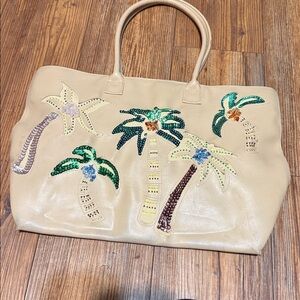 Faded Glory Teal and Cream Purse Beautiful Palm Tree Design Gently Used